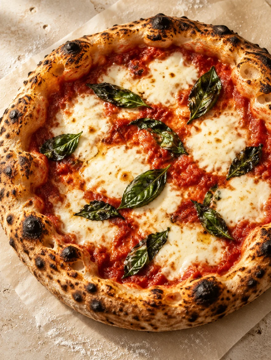 Inspiración gastronómica: pizza de tomate, mozzarella y albahaca sobre papel crema